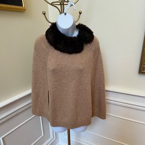NWT Lands End Faux Fur Removeable Collar Cape Poncho Sweater